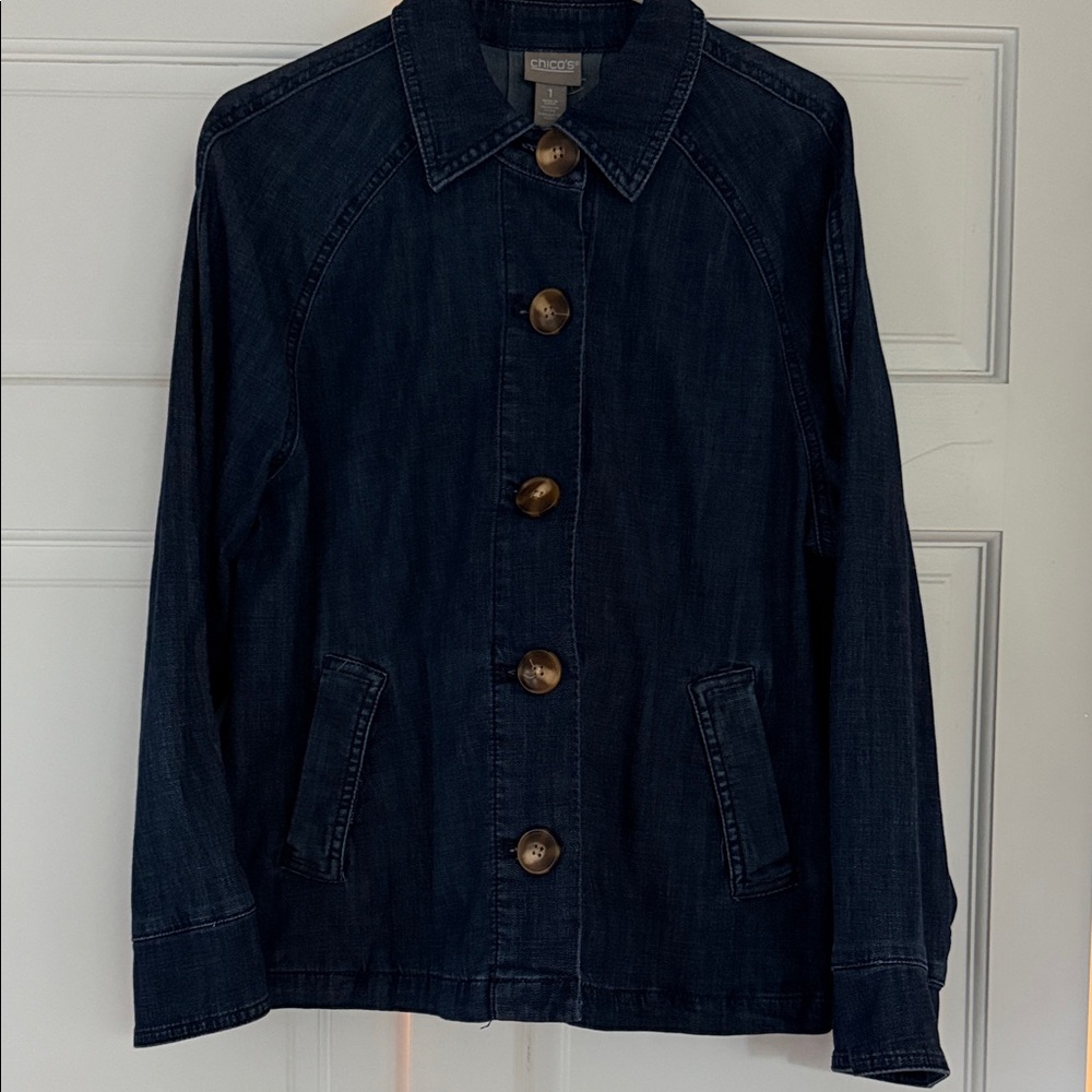 Chico's Dark Blue Jean Jacket with Brown Buttons
